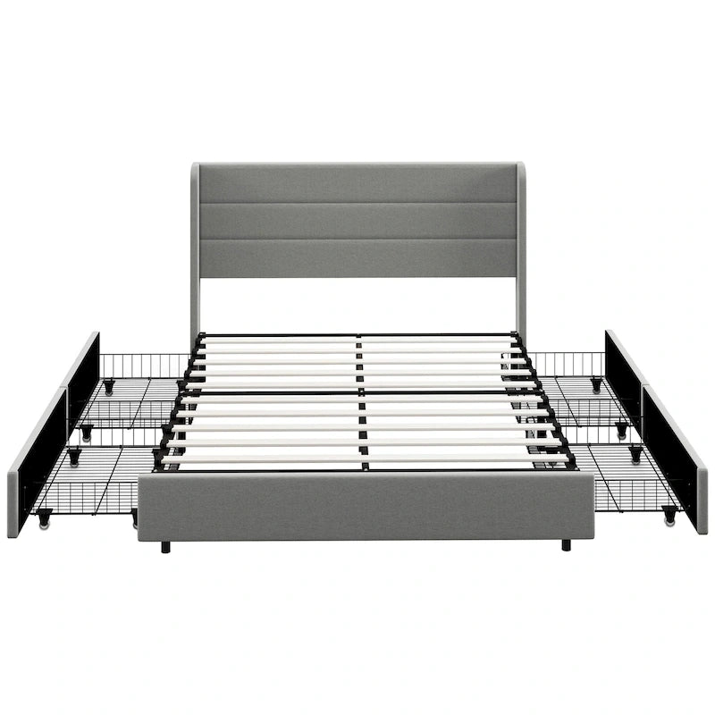 Lit de Rangement Queen Size avec 4 Tiroirs, Capacité de 330 kg et Tête de Lit en Lin