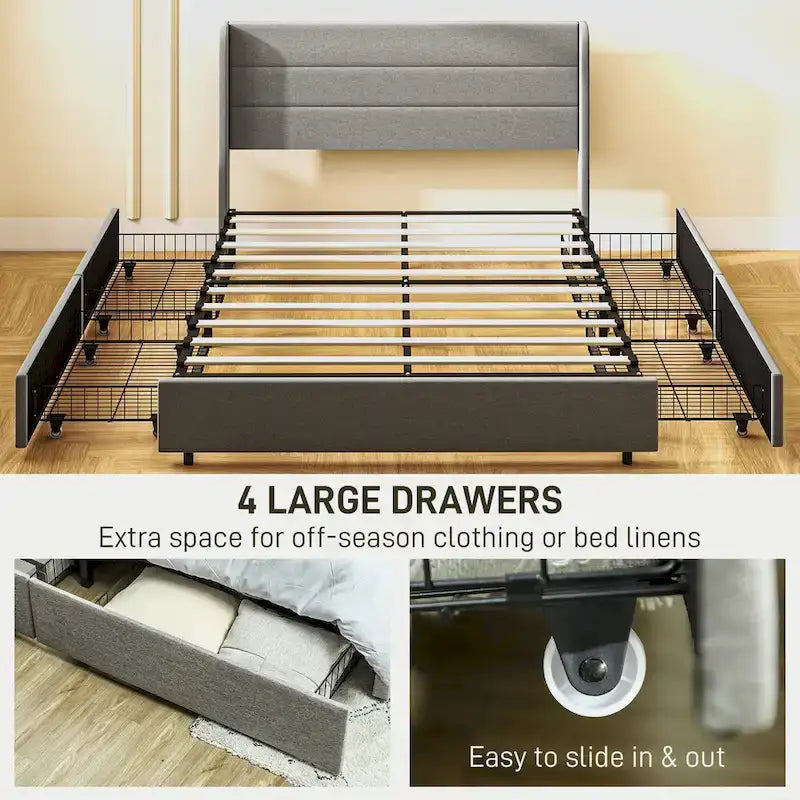 Lit de Rangement Queen Size avec 4 Tiroirs, Capacité de 330 kg et Tête de Lit en Lin
