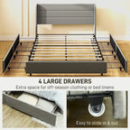 Lit de Rangement Queen Size avec 4 Tiroirs, Capacité de 330 kg et Tête de Lit en Lin