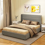 Lit de Rangement Queen Size avec 4 Tiroirs, Capacité de 330 kg et Tête de Lit en Lin