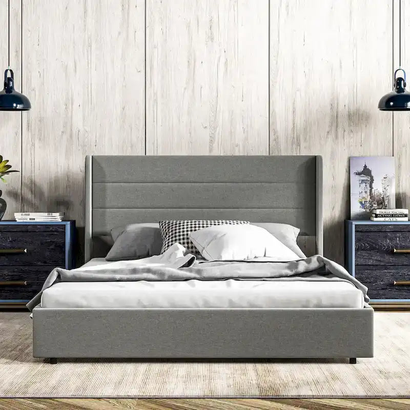 Lit de Rangement Queen Size avec 4 Tiroirs, Capacité de 330 kg et Tête de Lit en Lin