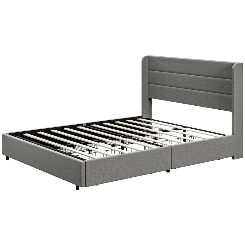 Lit de Rangement Queen Size avec 4 Tiroirs, Capacité de 330 kg et Tête de Lit en Lin