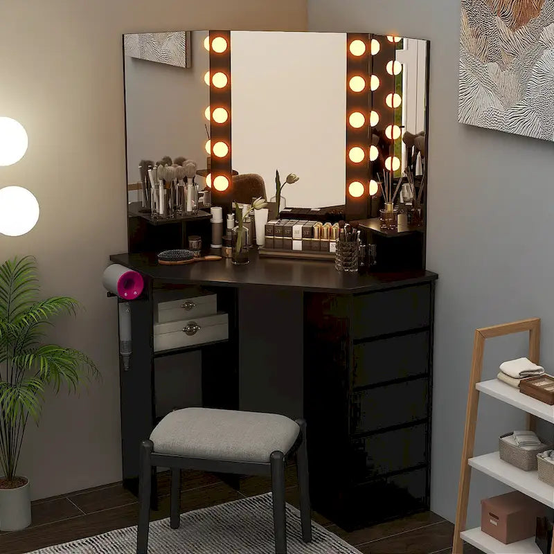 Coiffeuse d'angle pour maquillage avec miroir LED
