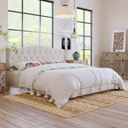 Cadre de lit plateforme avec tête de lit incurvée en selle, lit plateforme de style royal médiéval moderne avec détails capitonnés en losange