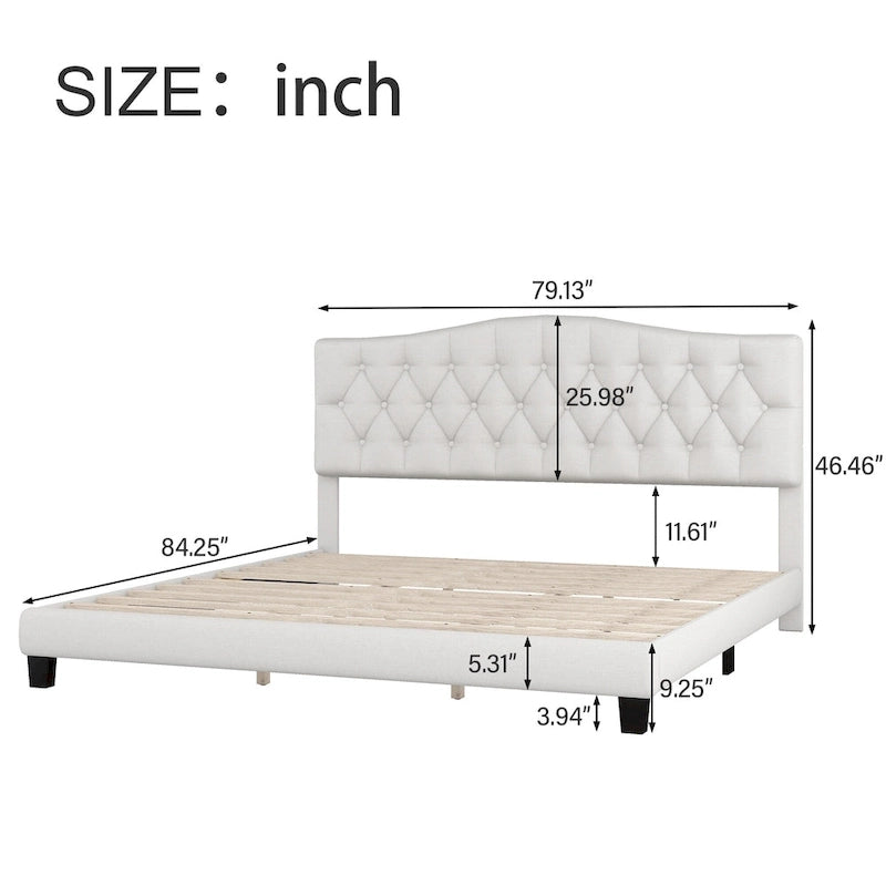 Cadre de lit plateforme avec tête de lit incurvée en selle, lit plateforme de style royal médiéval moderne avec détails capitonnés en losange