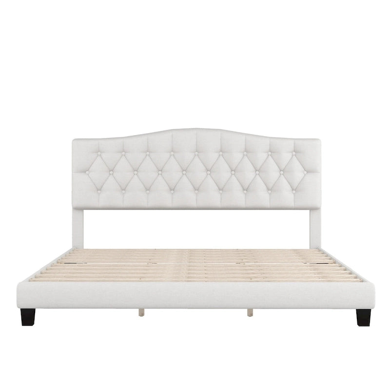 Cadre de lit plateforme avec tête de lit incurvée en selle, lit plateforme de style royal médiéval moderne avec détails capitonnés en losange