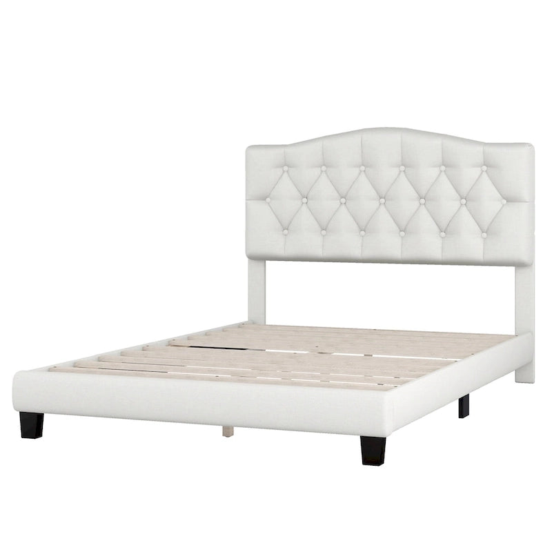 Cadre de lit plateforme avec tête de lit incurvée en selle, lit plateforme de style royal médiéval moderne avec détails capitonnés en losange