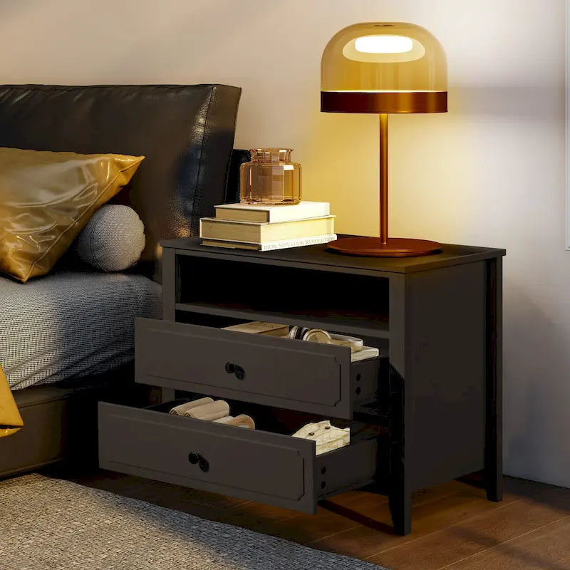 Table de chevet large et moderne avec 2 tiroirs et rangement ouvert, Table de chevet de chambre à coucher avec pieds en bois massif