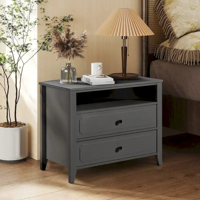Table de chevet large et moderne avec 2 tiroirs et rangement ouvert, Table de chevet de chambre à coucher avec pieds en bois massif