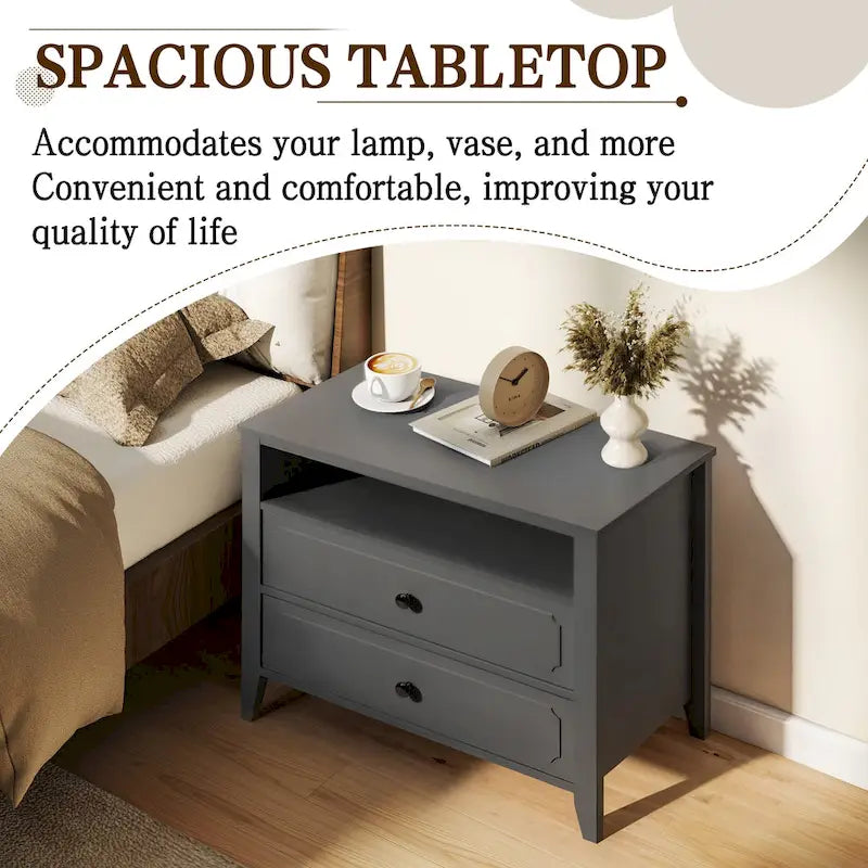 Table de chevet large et moderne avec 2 tiroirs et rangement ouvert, Table de chevet de chambre à coucher avec pieds en bois massif