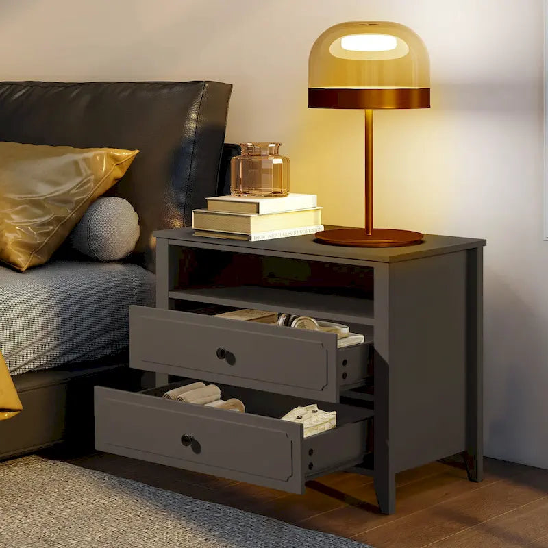 Table de chevet large et moderne avec 2 tiroirs et rangement ouvert, Table de chevet de chambre à coucher avec pieds en bois massif