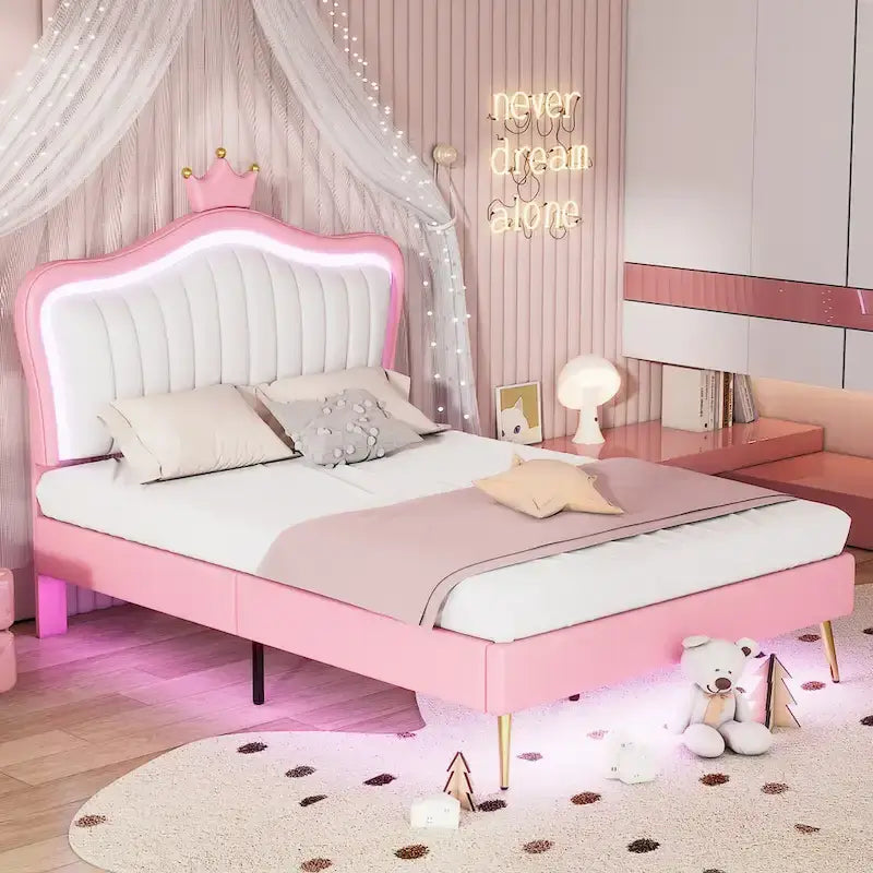Lit plateforme avec tête de lit couronne LED rose double : MDF, contreplaqué, PU, métal, capacité de 272 kg