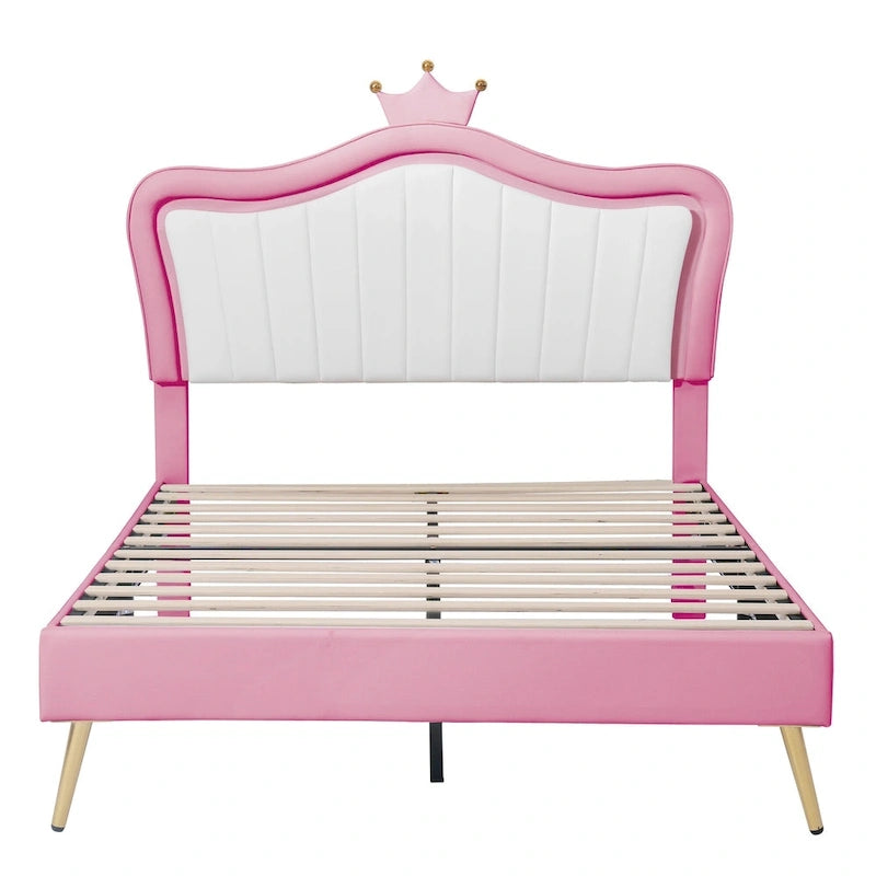 Lit plateforme avec tête de lit couronne LED rose double : MDF, contreplaqué, PU, métal, capacité de 272 kg