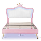 Lit plateforme avec tête de lit couronne LED rose double : MDF, contreplaqué, PU, métal, capacité de 272 kg