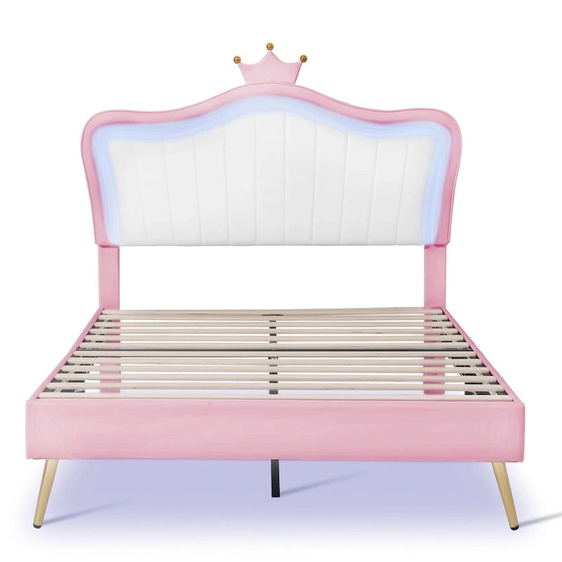 Lit plateforme avec tête de lit couronne LED rose double : MDF, contreplaqué, PU, métal, capacité de 272 kg