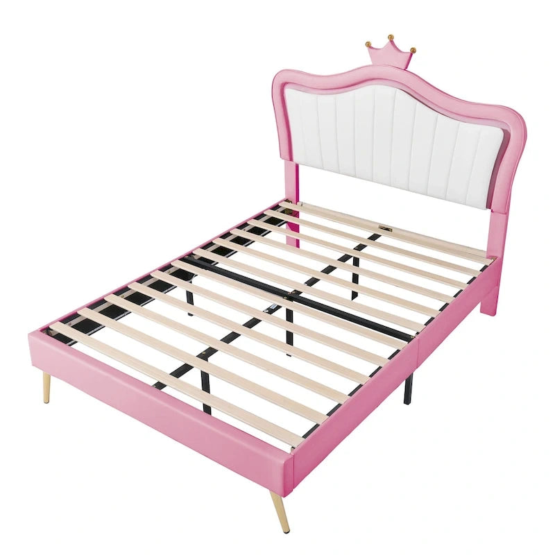 Lit plateforme avec tête de lit couronne LED rose double : MDF, contreplaqué, PU, métal, capacité de 272 kg