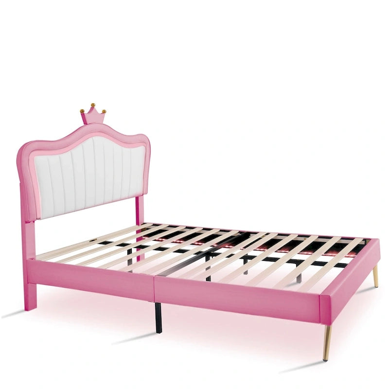 Lit plateforme avec tête de lit couronne LED rose double : MDF, contreplaqué, PU, métal, capacité de 272 kg