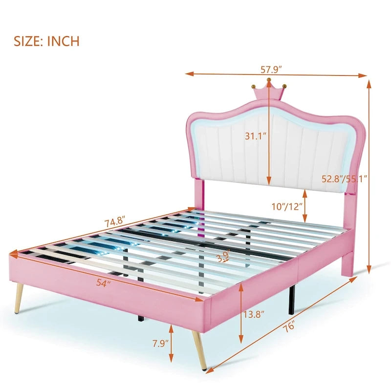 Lit plateforme avec tête de lit couronne LED rose double : MDF, contreplaqué, PU, métal, capacité de 272 kg