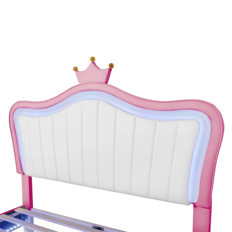 Lit plateforme avec tête de lit couronne LED rose double : MDF, contreplaqué, PU, métal, capacité de 272 kg