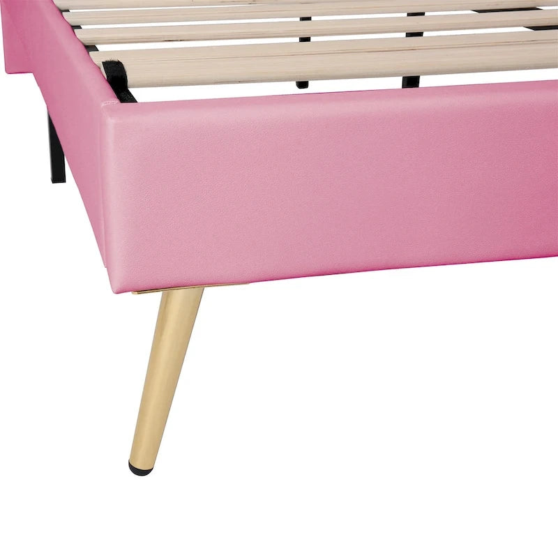 Lit plateforme avec tête de lit couronne LED rose double : MDF, contreplaqué, PU, métal, capacité de 272 kg