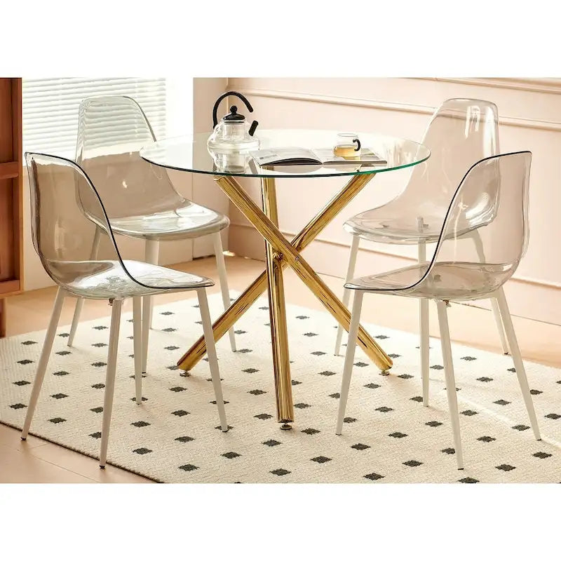 Ensemble de salle à manger moderne 5 pièces avec table à piédestal ronde en verre et métal et 4 chaises transparentes