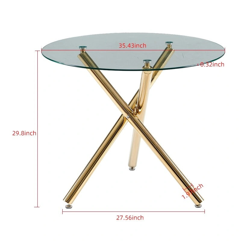 Ensemble de salle à manger moderne 5 pièces avec table à piédestal ronde en verre et métal et 4 chaises transparentes