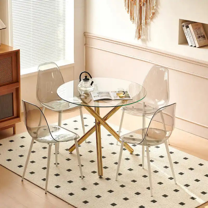 Ensemble de salle à manger moderne 5 pièces avec table à piédestal ronde en verre et métal et 4 chaises transparentes