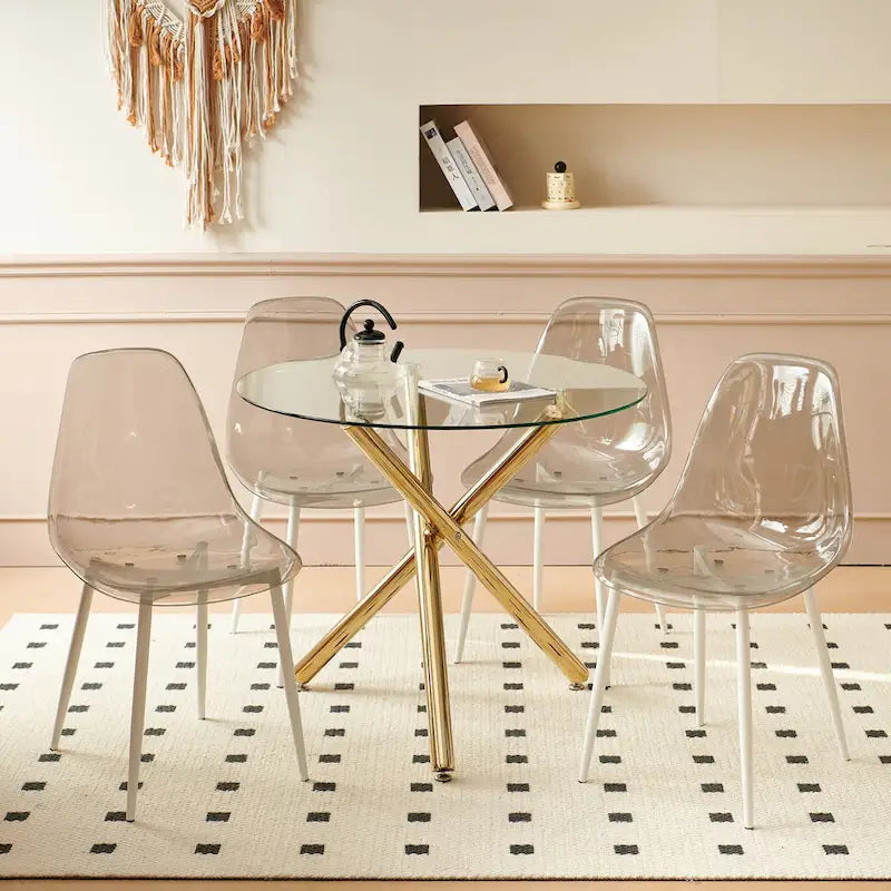Ensemble de salle à manger moderne 5 pièces avec table à piédestal ronde en verre et métal et 4 chaises transparentes
