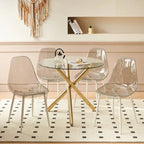 Ensemble de salle à manger moderne 5 pièces avec table à piédestal ronde en verre et métal et 4 chaises transparentes