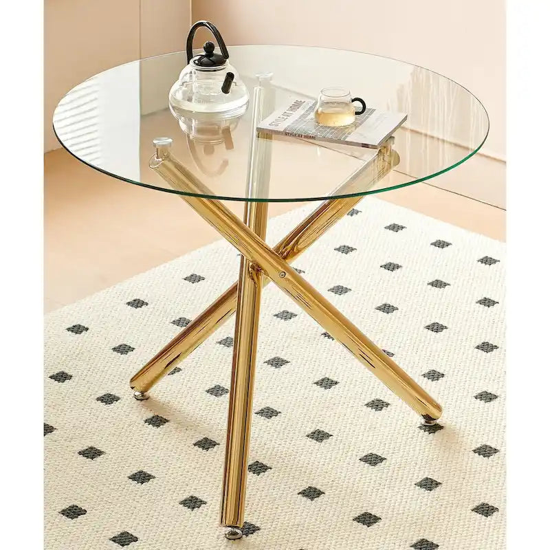 Ensemble de salle à manger moderne 5 pièces avec table à piédestal ronde en verre et métal et 4 chaises transparentes