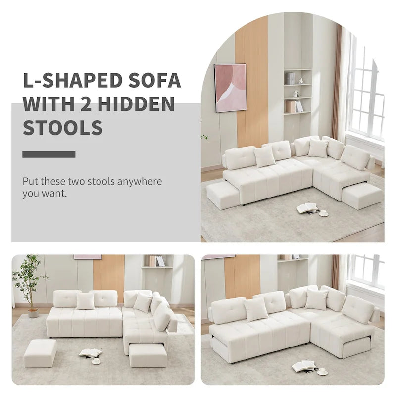 Canapé d'angle 4 places en L de 91,73 po avec 2 tabourets cachés, 2 coussins lombaires amovibles et revêtement en chenille durable