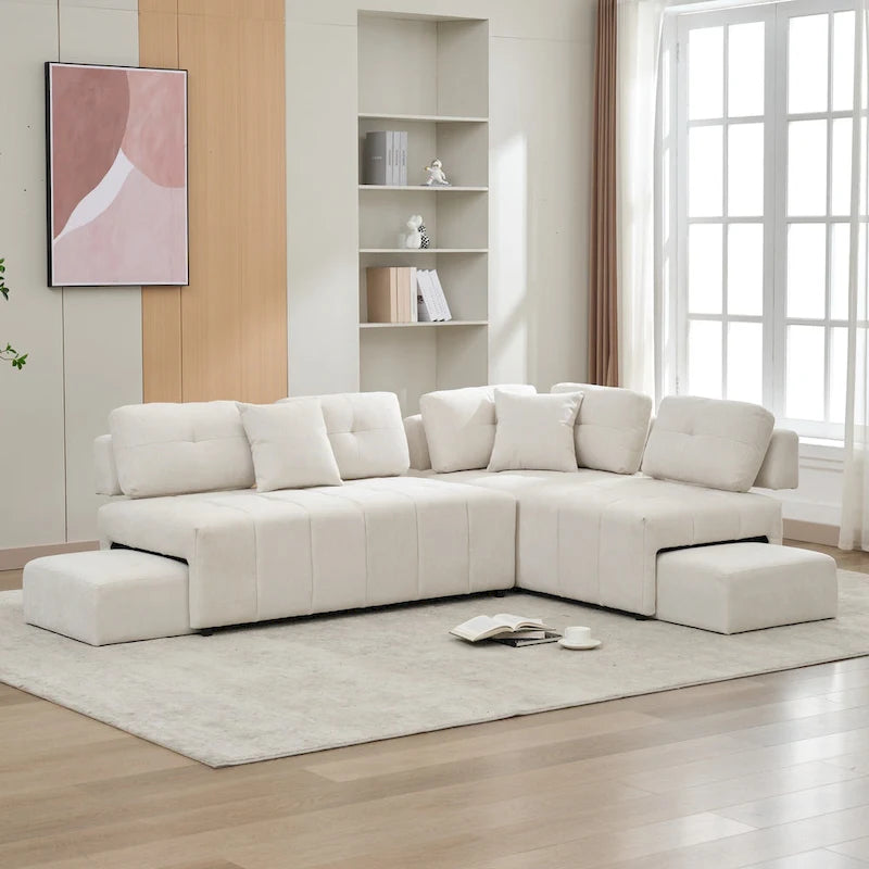 Canapé d'angle 4 places en L de 91,73 po avec 2 tabourets cachés, 2 coussins lombaires amovibles et revêtement en chenille durable