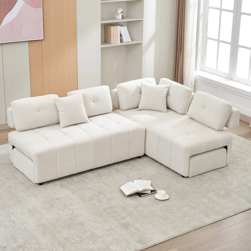 Canapé d'angle 4 places en L de 91,73 po avec 2 tabourets cachés, 2 coussins lombaires amovibles et revêtement en chenille durable
