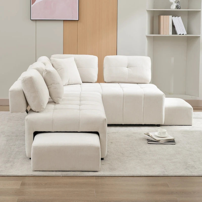 Canapé d'angle 4 places en L de 91,73 po avec 2 tabourets cachés, 2 coussins lombaires amovibles et revêtement en chenille durable