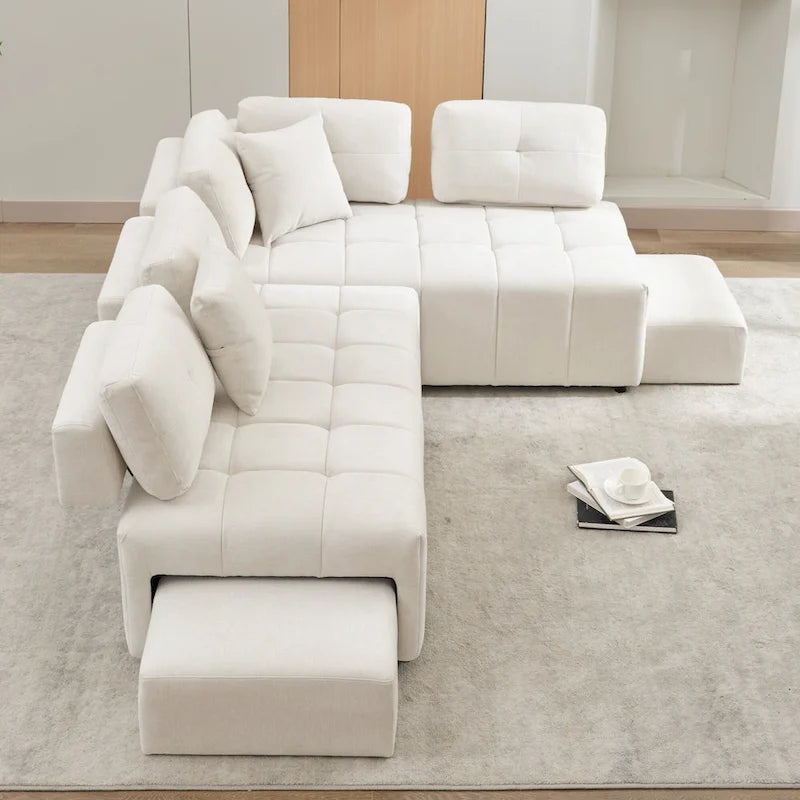Canapé d'angle 4 places en L de 91,73 po avec 2 tabourets cachés, 2 coussins lombaires amovibles et revêtement en chenille durable