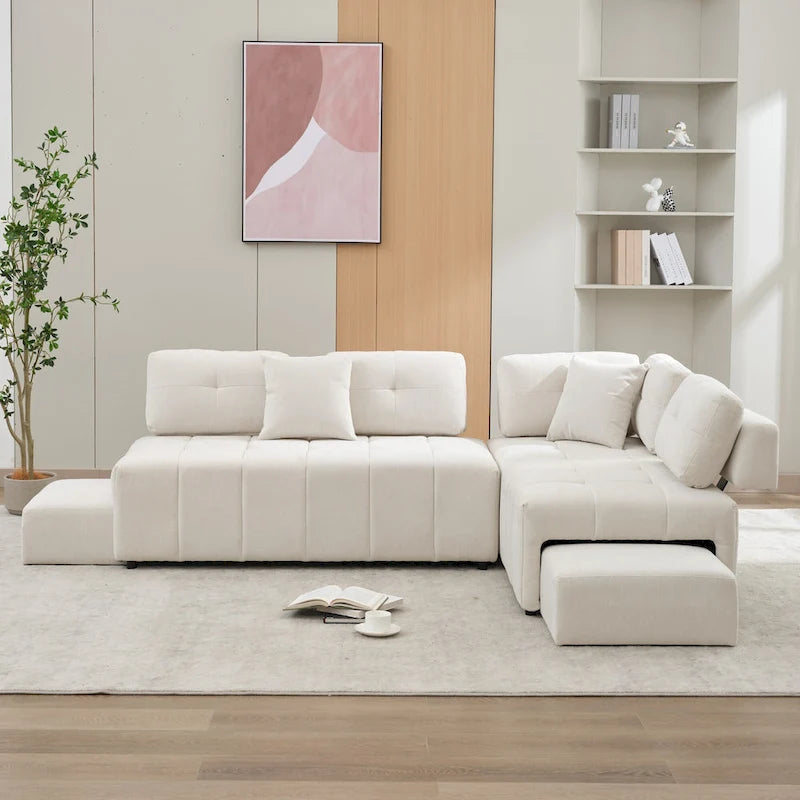 Canapé d'angle 4 places en L de 91,73 po avec 2 tabourets cachés, 2 coussins lombaires amovibles et revêtement en chenille durable