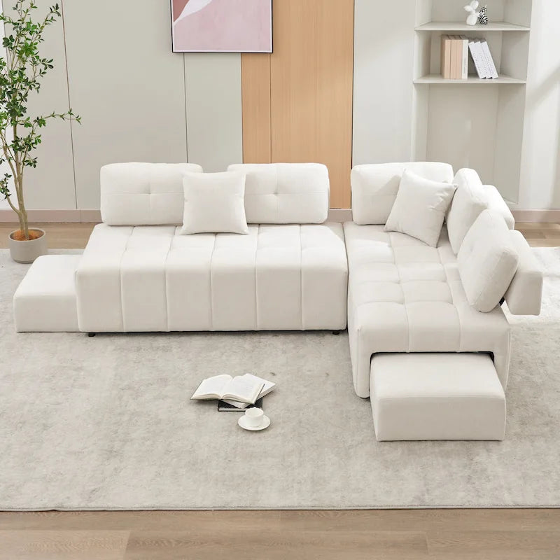 Canapé d'angle 4 places en L de 91,73 po avec 2 tabourets cachés, 2 coussins lombaires amovibles et revêtement en chenille durable