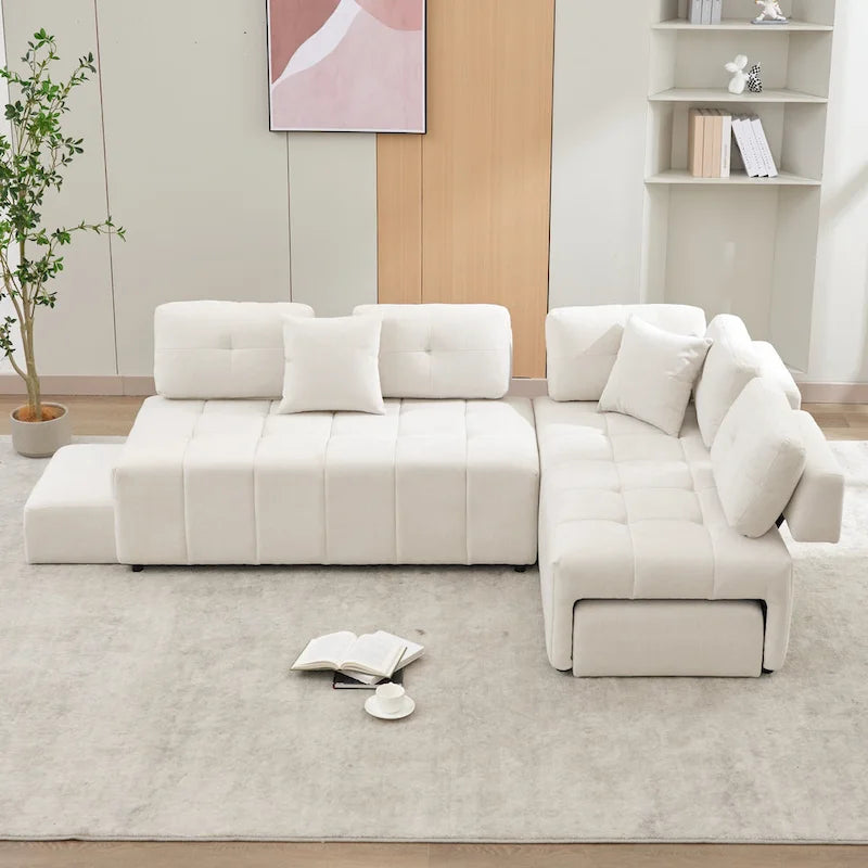 Canapé d'angle 4 places en L de 91,73 po avec 2 tabourets cachés, 2 coussins lombaires amovibles et revêtement en chenille durable