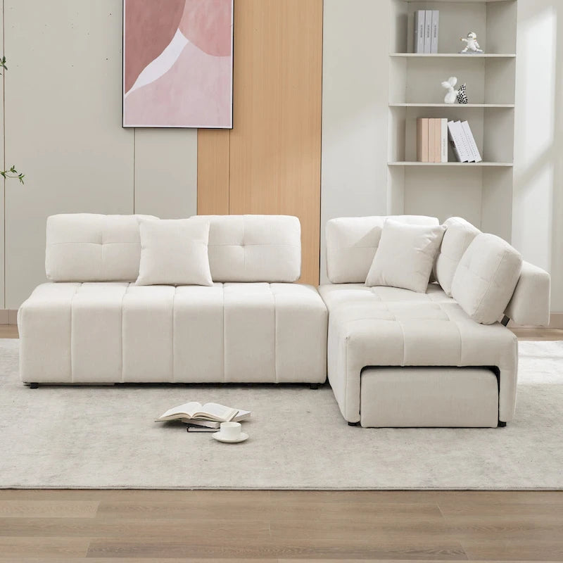 Canapé d'angle 4 places en L de 91,73 po avec 2 tabourets cachés, 2 coussins lombaires amovibles et revêtement en chenille durable