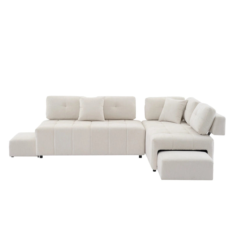 Canapé d'angle 4 places en L de 91,73 po avec 2 tabourets cachés, 2 coussins lombaires amovibles et revêtement en chenille durable