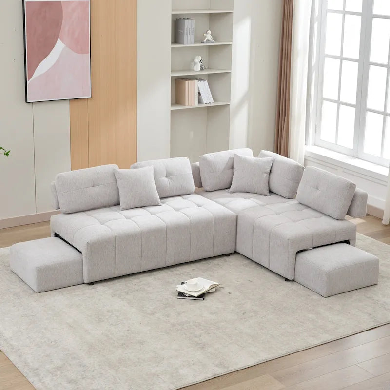 Canapé d'angle 4 places en L de 91,73 po avec 2 tabourets cachés, 2 coussins lombaires amovibles et revêtement en chenille durable
