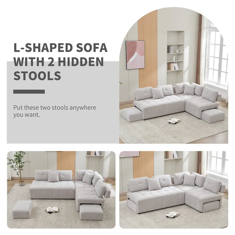 Canapé d'angle 4 places en L de 91,73 po avec 2 tabourets cachés, 2 coussins lombaires amovibles et revêtement en chenille durable