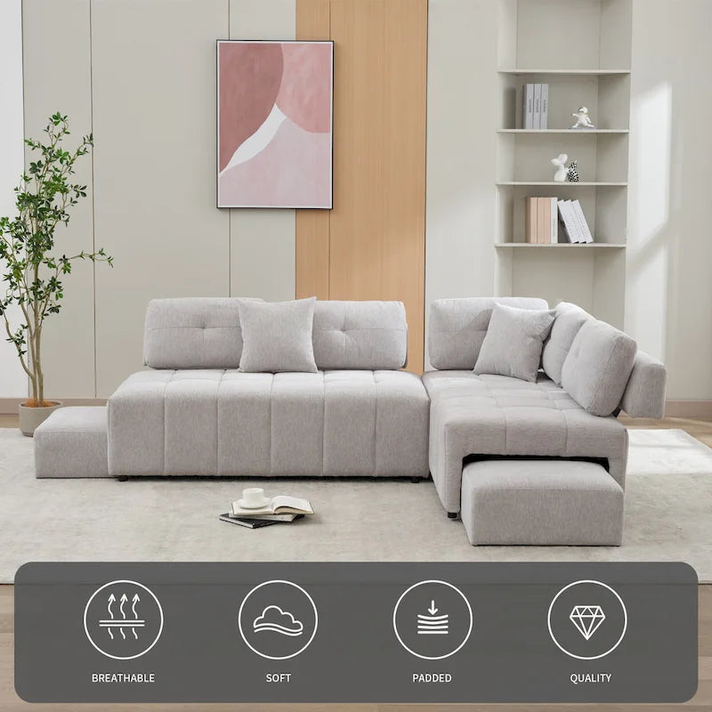 Canapé d'angle 4 places en L de 91,73 po avec 2 tabourets cachés, 2 coussins lombaires amovibles et revêtement en chenille durable