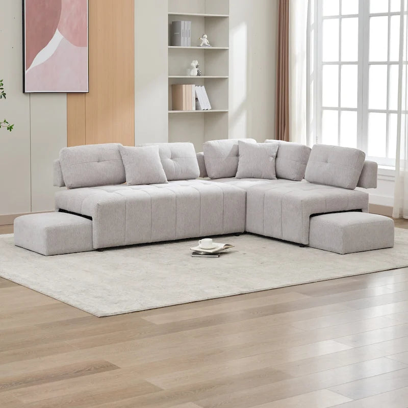 Canapé d'angle 4 places en L de 91,73 po avec 2 tabourets cachés, 2 coussins lombaires amovibles et revêtement en chenille durable