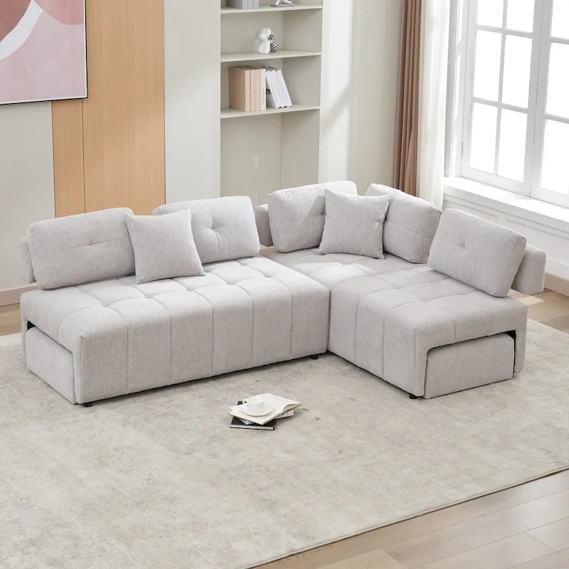 Canapé d'angle 4 places en L de 91,73 po avec 2 tabourets cachés, 2 coussins lombaires amovibles et revêtement en chenille durable