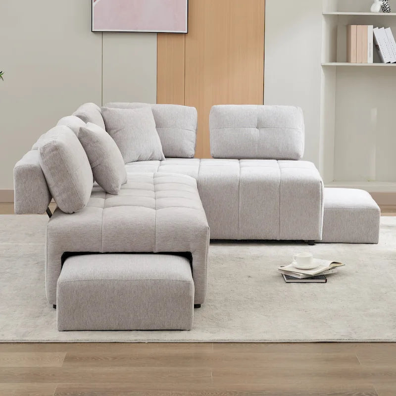 Canapé d'angle 4 places en L de 91,73 po avec 2 tabourets cachés, 2 coussins lombaires amovibles et revêtement en chenille durable