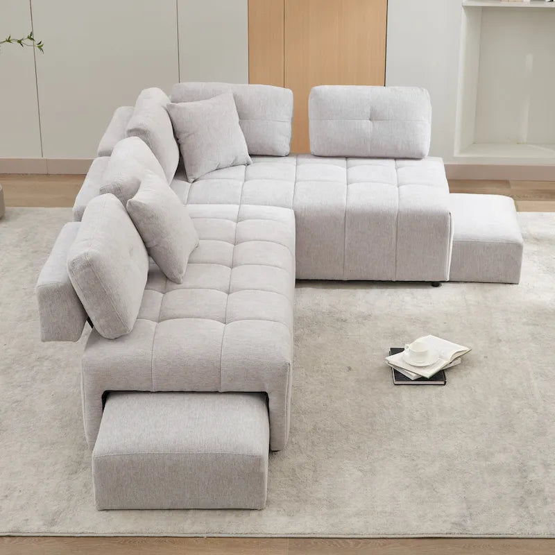 Canapé d'angle 4 places en L de 91,73 po avec 2 tabourets cachés, 2 coussins lombaires amovibles et revêtement en chenille durable