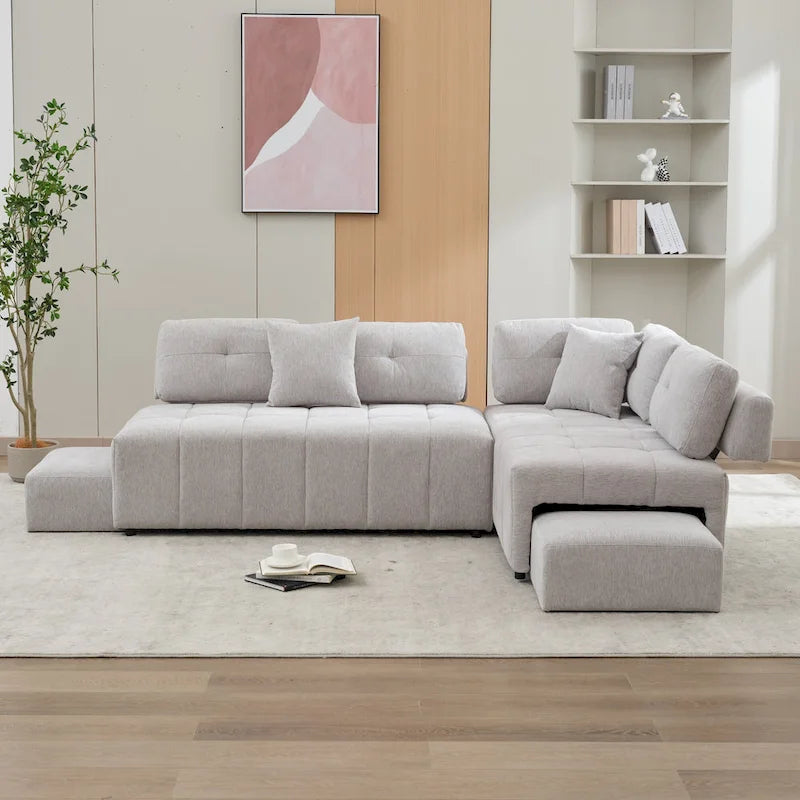 Canapé d'angle 4 places en L de 91,73 po avec 2 tabourets cachés, 2 coussins lombaires amovibles et revêtement en chenille durable