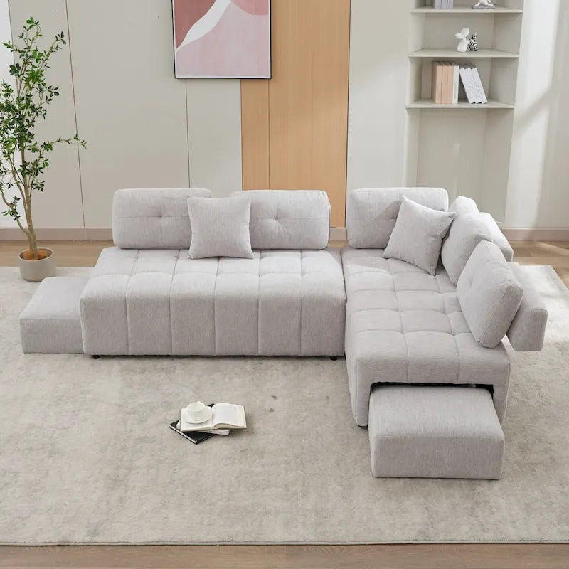 Canapé d'angle 4 places en L de 91,73 po avec 2 tabourets cachés, 2 coussins lombaires amovibles et revêtement en chenille durable