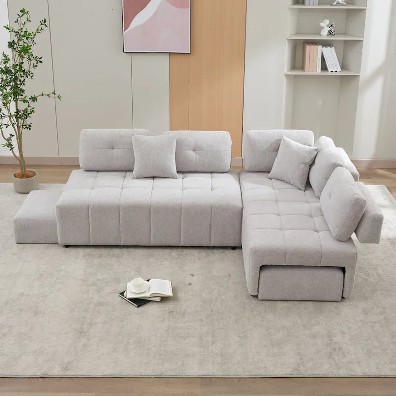Canapé d'angle 4 places en L de 91,73 po avec 2 tabourets cachés, 2 coussins lombaires amovibles et revêtement en chenille durable